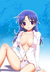  blue_hair breasts cleavage commentary_request female fumotono_mikoto medium_breasts no_pants open_clothes open_shirt original panties purple_eyes shirt solo underwear 