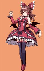  alternate_costume bat_wings black_thighhighs blush breasts brown_hair commentary_request detached_sleeves dress female full_body hair_ribbon hakurei_reimu large_breasts long_hair marisa_to_alice_no_cookie_storia oerba_yun_fang open_mouth red_eyes ribbon ribbon_trim skirt solo sumapan thighhighs touhou wings 