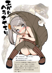  animal bare_shoulders blush boots character_profile commentary_request embarrassed female gecko grey_eyes grey_hair gujira hair_ornament knee_boots leaf leaf-tailed_gecko leaf_hair_ornament looking_to_the_side original partially_translated personification photoshop_(medium) satanic_leaf-tailed_gecko scales side_ponytail simple_background sitting slit_pupils solo tail thighhighs thighs translation_request wavy_mouth white_background 