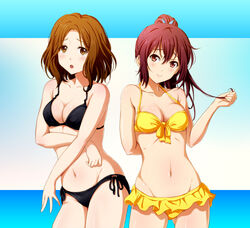  2girls :o amakata_miho bare_shoulders bikini bikini_skirt black_bikini blush breasts brown_eyes brown_hair cleavage commentary_request free! front-tie_top long_hair looking_at_viewer matsuoka_gou medium_breasts multiple_girls navel photoshop_(medium) ponytail red_eyes red_hair shian_(my_lonly_life.) shiny_skin short_hair side-tie_bikini_bottom smile strap_gap swimsuit yellow_bikini 