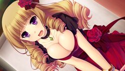  &#039;&amp;&#039;_-sora_no_mukou_de_sakimasu_you_ni- blonde_hair blush breasts cleavage dress drill_hair female flower game_cg highres large_breasts long_hair looking_at_viewer open_mouth purple_eyes saeki_hokuto solo standing 