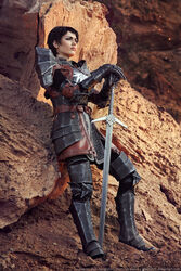  armor cassandra_pentaghast cassandra_pentaghast_(cosplay) chainmail cosplay dark_incognito dragon_age dragon_age_2 female full_body gauntlets photo pixie_cut short_hair solo standing sword weapon 