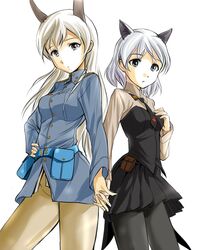  2girls animal_ears black_pantyhose blonde_hair cat_ears cat_girl commentary_request eila_ilmatar_juutilainen fox_ears fox_girl green_eyes grey_hair highres holding_hands interlocked_fingers long_hair military military_uniform multiple_girls munmun necktie pantyhose sanya_v._litvyak short_hair strike_witches uniform world_witches_series 