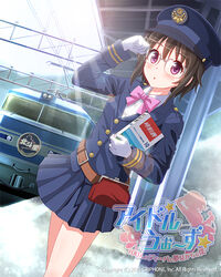  2015 adjusting_eyewear bag belt blazer blue_hat blue_skirt blush book bow bowtie brown_hair company_name copyright_name day dutch_angle female glasses gloves hand_up handbag hat idol_wars_z jacket lens_flare looking_at_viewer miku_tono official_art outdoors overhead_line pantograph peaked_cap photoshop_(medium) pink_bow pink_bowtie purple_eyes short_hair skirt solo standing sunlight train train_attendant train_station travel_attendant uniform watermark white_gloves 