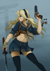  animification ashvey baby_doll_(sucker_punch) bandages black_thighhighs blonde_hair blue_eyes commentary_request contrapposto crop_top dual_wielding female gun hairband handgun holding holster katana lips long_hair midriff navel photoshop_(medium) school_uniform serafuku shoulder_holster skirt solo standing sucker_punch sword thighhighs weapon zettai_ryouiki 