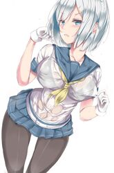  aoi_takeru black_pantyhose blue_eyes breasts commentary_request female gloves grey_hair hair_ornament hairclip hamakaze_(kancolle) kantai_collection large_breasts pantyhose school_uniform see-through serafuku short_hair short_sleeves skirt solo 