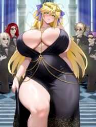  4boys absurdres artoria_pendragon_(fate) artoria_pendragon_(lancer)_(fate) bb_(fate) bb_dubai_(fate) bb_dubai_(fate)_(cosplay) bedivere_(fate) belly_chain blonde_hair braid braided_hair_rings breasts business_suit cocktail_dress cosplay dress fate/grand_order fate_(series) female formal_clothes gawain_(fate) green_eyes hair_rings highres huge_breasts indoors jewelry kneeling lancelot_(fate/grand_order) long_hair looking_at_viewer low_neckline multiple_boys purple_hair raskasar standing suit sunglasses thick_thighs thighs tristan_(fate) wide_hips 