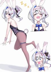  absurdres amane_kanata animal_ears bare_shoulders black_leotard blue_bow blue_bowtie blue_hair blush bow bowtie breasts colored_inner_hair detached_collar drooling fake_animal_ears female fishnet_pantyhose fishnets hair_ornament headband heart heart_hair_ornament highres hololive josou_seme leotard looking_at_viewer multicolored_hair open_mouth pantyhose playboy_bunny ponytail purple_eyes rabbit_ears rabbit_hole_(vocaloid) rabbit_tail ribbon rmwt7525 short_hair single_hair_intake single_wrist_cuff smile solo streaked_hair tail teardrop_facial_mark thigh_strap virtual_youtuber white_background white_hair white_headband wrist_cuffs x_hair_ornament zzz 