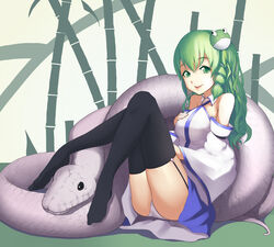  bad_id bad_pixiv_id bare_shoulders black_thighhighs detached_sleeves female frog_hair_ornament garter_straps green_eyes green_hair hair_ornament highres kochiya_sanae long_hair mishaguji panties smile snake snake_hair_ornament solo thighhighs touhou underwear weien white_panties 