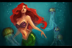  ariel ariel_(disney) bra breasts bubble cleavage disney female gradient gradient_background jellyfish lingerie little_mermaid long_hair mermaid monster_girl navel pixiv pixiv_thumbnail red_hair resized scales shell solo the_little_mermaid underwater underwear 