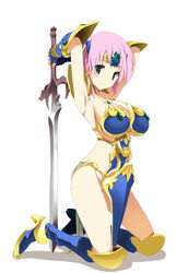  armpits arms_up breasts circlet commentary_request female final_fantasy final_fantasy_5 gauntlets green_eyes hima knight large_breasts legs lenna_charlotte_tycoon long_hair looking_at_viewer no_panties pink_hair simple_background smile solo sword thighs weapon white_background 