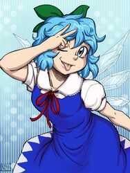  aqua_eyes aqua_hair blue_dress bow cirno commentary_request dress fangs female hairbow ice ice_wings looking_at_viewer one_eye_closed solo spidu tongue tongue_out touhou v wings 