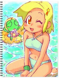  angol_mois bikini blonde_hair blush brown_eyes dark_skin female hair_ornament hakkatou halter_top halterneck innertube keroro keroro_gunsou looking_at_viewer navel short_hair smile swimsuit water wink 