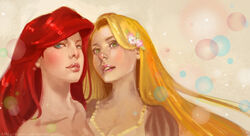  2girls ariel ariel_(disney) blonde_hair blue_eyes disney green_eyes lips little_mermaid long_hair multiple_girls pixiv pixiv_thumbnail rapunzel rapunzel_(disney) red_hair resized the_little_mermaid 