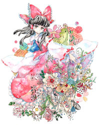  ascot bird black_footwear black_hair blunt_bangs bow brown_eyes commentary_request detached_sleeves female flower frilled_skirt frills full_body hair_tubes hairbow hakurei_reimu long_skirt mary_janes painting_(medium) plant shoes skirt skirt_set solo touhou traditional_media tugumi0w0 vines watercolor_(medium) white_background wide_sleeves 