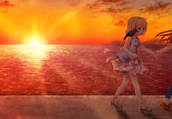  2girls air_(visual_novel) bad_id bad_pixiv_id bird blonde_hair blue_eyes brown_hair carrying casual commentary_request crow hinokami_sakura holding_hands horizon kamio_haruko kamio_misuzu long_hair multiple_girls ocean out_of_frame photoshop_(medium) sandals short_hair smile stuffed_dinosaur stuffed_toy sunset twilight walking 