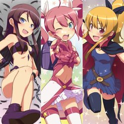  3girls :d ;d alpha_omega alpha_omega_(cosplay) aqua_eyes backpack bag bare_shoulders black_feathers black_thighhighs blue_eyes blush commentary_request cosplay feathers finger_gun gloves hoshikuzu_witch_meruru kanna_asuke kousaka_kirino magical_girl meruru_(oreimo) meruru_(oreimo)_(cosplay) midriff multiple_girls multiple_persona navel oerba_yun_fang official_style one_eye_closed open_mouth ore_no_imouto_ga_konna_ni_kawaii_wake_ga_nai petite pink_hair pointing pointing_at_viewer ponytail randoseru red_eyes smile thanatos_eros thanatos_eros_(cosplay) thighhighs twintails 