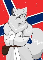  2013 anthro arctic_fox big_tail black_eyes black_nose breasts canid canine clothed clothing coat crossed_arms droll3 female fluffy fox fur hi_res mammal norway norwegian norwegian_flag open_mouth pink_tongue solo tail takras_(droll3) thick_thighs tongue topwear true_fox white_body white_fur world_war world_war_1 world_war_2 