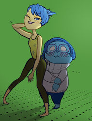  2girls :d absurdres arm_up ass_shake blue_eyes blue_hair blue_skin blush catharticaagh colored_skin commentary_request glasses highres inside_out joy_(inside_out) motion_lines multiple_girls narrow_waist open_mouth pants parted_lips photoshop_(medium) sadness_(inside_out) smile sweater teeth white_sweater yellow_skin yuri 