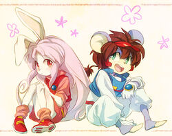  1boy animal_ears bakumaru brown_hair commentary_request cream_(eto_ranger) female green_eyes juuni_senshi_bakuretsu_eto_ranger long_hair mouse_ears pink_hair rabbit_ears red_eyes sitting wakaya_hana 