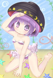  backdrop barefoot bikini bowl bowl_hat commentary_request female frilled_bikini frills gplnbeat hat purple_eyes purple_hair short_hair sitting smile solo starfish sukuna_shinmyoumaru swimsuit touhou wariza 