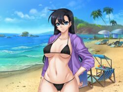  beach black_hair blue_eyes breasts cameltoe curvy earrings erect_nipples female fuuma_tokiko hand_on_hip jewelry kagami kagami_hirotaka lilith-soft long_hair looking_at_viewer medium_breasts ocean open_clothes open_shirt seductive shirt sky solo standing summer swimsuit taimanin_asagi taimanin_asagi_battle_arena thigh_gap 