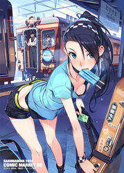  2boys bag bent_over black_hair blue_eyes bra breasts character_request commentary_request downblouse duffel_bag earrings female food gloves guitar_case hair_over_one_eye hairband instrument_case jewelry kashima_noa leaning_forward long_hair md5_mismatch midriff mouth_hold multiple_boys photoshop_(medium) ponytail popsicle rail_wars! resolution_mismatch scrunchie shirt shorts small_breasts source_larger standing sweat t-shirt tactile_paving train train_conductor train_station underwear uniform vania600 wristband 