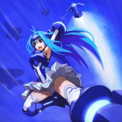  antenna_hair armor armored_dress bad_id bad_pixiv_id blue_eyes blue_hair female gauntlets hammer headgear kiarino long_hair thighhighs vividblue vividred_operation white_legwear 