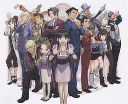  5girls 6+boys apollo_justice apollo_justice:_ace_attorney ascot black_hair blonde_hair blue_hat blush boots brown_eyes brown_hair cape dick_gumshoe dress earrings ema_skye eyewear_on_head formal gloves godot_(ace_attorney) gyakuten_saiban hair_rings half_updo hat high_heel_boots high_heels japanese_clothes jewelry karuma_mei kimono klavier_gavin kristoph_gavin lab_coat larry_butz long_hair magatama mask maya_fey miles_edgeworth missile_(ace_attorney) multiple_boys multiple_girls naruhodou_ryuuichi necklace necktie nuri_kazuya obi official_art pants pearl_fey phoenix_wright:_ace_attorney_-_trials_and_tribulations red_pants sash scan scan_artifacts scarf short_hair sleeves_rolled_up smile suit sunglasses top_hat trucy_wright twisted_hair visor white_gloves white_hair 