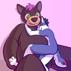  1:1 anthro aster_rhodes_ravier avoid_posting canid canine canis cuddling domestic_cat domestic_dog duo eyewear felid feline felis frocta glasses hug jungabeast male male/male mammal plushie plushophilia toy 