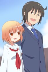  1boy black_hair blush commentary_request couple female height_difference koa kotoura-san kotoura_haruka long_sleeves manabe_yoshihisa necktie orange_eyes orange_hair school_uniform short_hair smile straight 