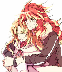  2girls amou_kanade blonde_hair closed_eyes commentary_request happy hug hug_from_behind jacket multiple_girls red_hair rhapsode senki_zesshou_symphogear serena_cadenzavna_eve smile 