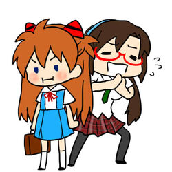  2girls blush brown_hair commentary evangelion:_2.0_you_can_(not)_advance glasses long_hair lowres makinami_mari_illustrious multiple_girls neon_genesis_evangelion orange_hair pantyhose pout rebuild_of_evangelion school_uniform smile souryuu_asuka_langley twintails uri_(uryu002) 