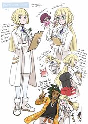  2girls 3boys absurdres aged_up arm_around_shoulder backpack bag bangs_pinned_back black_hair blonde_hair boots braid clipboard commentary_request corsola dark-skinned_male dark_skin dc9spot elio_(pokemon) english_text gem gladion_(pokemon) glasses green_eyes green_hair hau_(pokemon) highres lillie_(pokemon) lolicon long_hair low_ponytail multiple_boys multiple_girls pokemon pokemon_(creature) pokemon_sm ponytail purple_hair red_shirt shirt single_braid skirt smile sparkle striped_clothes striped_shirt v wicke_(pokemon) 