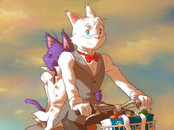  2014 4:3 amaki_tsukishiro anthro bicycle closed_eyes cycling domestic_cat duo felid feline felis grocery hug male male/male mammal morenatsu peaceful shin_(morenatsu) shirako simple_background sleeping smile sunset vehicle 