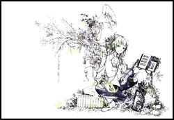  alternate_costume black_boots boots female female flower frame gramophone green_eyes green_hair gumi instrument leaf plant shirohiko shirt shorts solo triangle_(instrument) violin vocaloid white_background white_shirt white_skin xylophone 