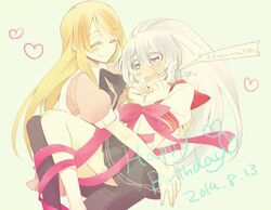  2girls akuma_no_riddle asymmetrical_legwear banba_mahiru blush bondage bondage bound checkered_clothes checkered_dress closed_eyes commentary_request dress femdom grey_hair hair_ornament hairclip hairpin hanabusa_sumireko happy_birthday heart holding long_hair multiple_girls necktie orange_hair ponytail purple_eyes red_ribbon ribbon ribbon_bondage scar school_uniform serafuku skirt smile sorato_(astllatte) tears thighhighs uneven_legwear vest wavy_mouth yuri 