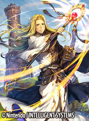  1boy book claud_(fire_emblem:_genealogy_of_the_holy_war) cloud commentary_request copyright_name day fire_emblem fire_emblem:_genealogy_of_the_holy_war fire_emblem_cipher fujikawa_arika grass green_eyes long_hair male_focus official_art outdoors sky solo staff upper_body valkyrie_staff 