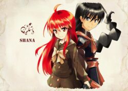  1boy back-to-back black_eyes black_hair braid commentary_request female holding_hands long_hair mokkei red_eyes red_hair sairei_no_hebi sakai_yuuji shakugan_no_shana shana spoilers 