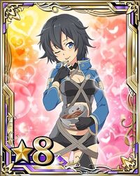  bad_source black_gloves black_hair black_shorts blue_eyes breasts card_(medium) chocolate cleavage female fingerless_gloves gloves hair_between_eyes looking_at_viewer medium_breasts official_art one_eye_closed philia_(sao) philia_(sao-alo) short_hair short_shorts shorts smile solo star_(symbol) sword_art_online sword_art_online:_code_register tongue tongue_out 