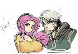  1boy blue_eyes blush breasts choker discord_(my_little_pony) female fluttershy_(mlp) grabbing_another&#039;s_chin grey_hair hand_on_another&#039;s_chin hood hoodie large_breasts long_hair maniacpaint my_little_pony my_little_pony:_friendship_is_magic oerba_yun_fang personification pink_hair short_hair thick_eyebrows upper_body yellow_eyes 