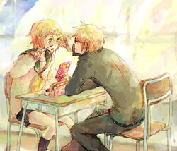  1boy applying_makeup aqua_eyes bag bespectacled black_socks blonde_hair brother_and_sister chair classroom commentary_request den desk female glasses hair_ornament hairclip handbag kagamine_len kagamine_rin kneehighs makeup makeup_brush nail_polish photoshop_(medium) school_desk school_uniform serafuku short_hair siblings sitting skirt socks twins vocaloid 