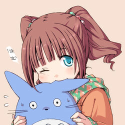  bad_id bad_pixiv_id biting blue_eyes brown_hair chika_(orange_pop) chuu_totoro crossover female idolmaster idolmaster_(classic) long_hair one_eye_closed solo takatsuki_yayoi tonari_no_totoro twintails 