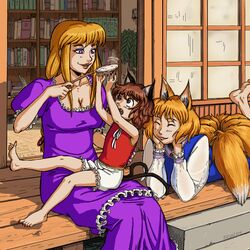  3girls :3 barefoot blonde_hair breasts brown_eyes brown_hair cat_teaser chen cleavage commentary eyeliner family happy head_rest kitsune kyuubi large_breasts lying makeup multiple_girls multiple_tails on_stomach playing purple_eyes retro_artstyle see-through see-through_sleeves sitting sitting_on_lap sitting_on_person spidu tail touhou veranda yakumo_ran yakumo_yukari 