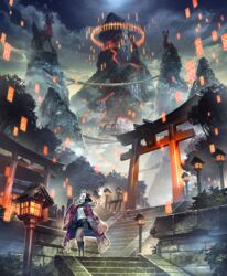  architecture black_hair black_legwear black_skirt cloud cloudy_sky commentary_request east_asian_architecture female floral_print fog fox_mask frilled_skirt frills grass highres inari japanese_clothes kimono lantern mask mountain ofuda original outdoors red_kimono scenery school_uniform serafuku shirt short_hair shrine skirt sky solo stairs statue stone_stairs torii tree white_shirt zounose 