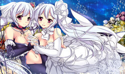  2girls air_bubble bare_shoulders black_gloves blush breasts bridal_veil bubble cardfight!!_vanguard choker cleavage collarbone commentary_request crown dress elbow_gloves eyebrows flower gloves hair_flower hair_ornament hat holding_hands jewelry long_hair looking_at_viewer medium_breasts mermaid midriff mini_hat monster_girl multiple_girls navel necklace peaceful_voice_raindear pink_eyes sheita sleeveless sleeveless_dress smile sparkle tail twintails underwater veil velvet_voice_raindear very_long_hair wedding_dress white_gloves white_hair 