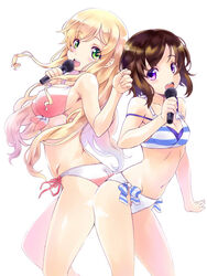  2girls arched_back ass ass-to-ass bare_shoulders bikini blonde_hair breasts brown_hair cleavage commentary_request contrapposto front-tie_top futsuu_no_joshikousei_ga_locodol_yattemita green_eyes highres kohinata_yukari large_breasts long_hair looking_at_viewer looking_back medium_breasts microphone multiple_girls nagayori navel open_mouth purple_eyes short_hair side-tie_bikini_bottom simple_background standing strap_slip swimsuit usami_nanako white_background wireless 