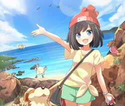  alolan_diglett arm_up bag beach beanie black_hair blue_eyes blue_sky cloud commentary_request cutiefly day female growlithe handbag hat holding holding_poke_ball mankey ocean outdoors poke_ball poke_ball_(basic) pokemon pokemon_(creature) pokemon_sm red_hat rock sand selene_(pokemon) shirt short_hair short_shorts short_sleeves shorts sky spearow swept_bangs t-shirt tied_shirt walkure water wingull yungoos z-ring 