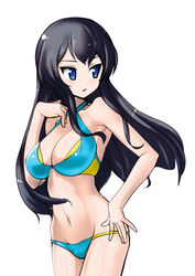  adjusting_clothes adjusting_swimsuit aegis_(nerocc) bikini black_hair blue_eyes breasts cleavage commentary_request eclair_(girls_und_panzer) female girls_und_panzer girls_und_panzer_gekitou!_maginot-sen_desu!! hand_on_own_hip large_breasts long_hair looking_to_the_side multicolored_bikini multicolored_clothes parted_lips solo standing swimsuit 