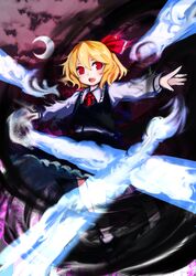  :d blonde_hair blouse cloud cloudy_sky commentary_request crescent_moon darkness female frilled_skirt frills hair_ribbon magic moni_(credo) moon night open_mouth red_eyes ribbon rumia shirt short_hair skirt sky smile touhou vest 